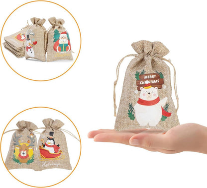 12 Stück Weihnachts-Jute-Geschenktüten Zugbänder Weihnachts-Partygeschenke
