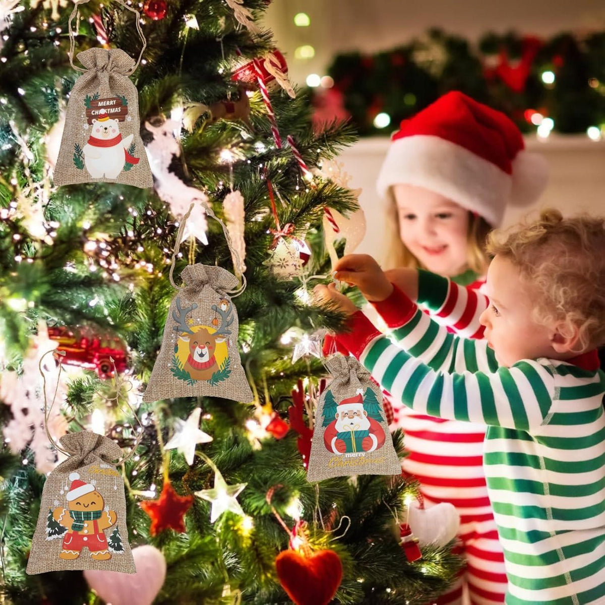 12 Stück Weihnachts-Jute-Geschenktüten Zugbänder Weihnachts-Partygeschenke