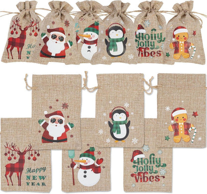 Weihnachts-Jutebeutel Set, 12 Stück Weihnachtsmotiven