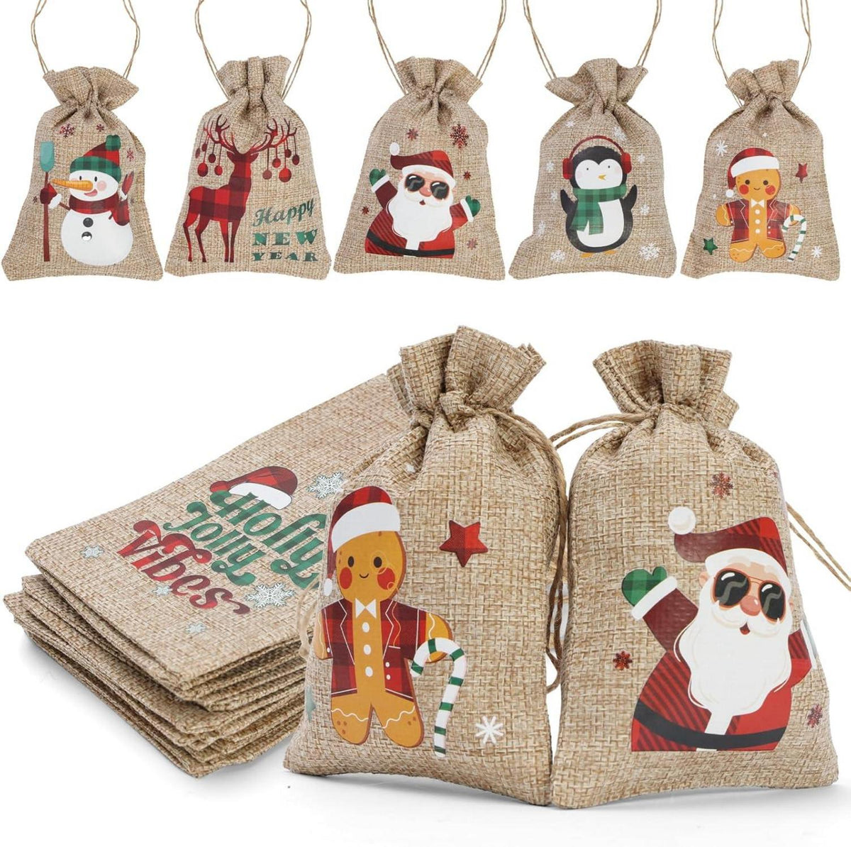 Weihnachts-Jute-Geschenktüten mit Zugband, 12 Stück
