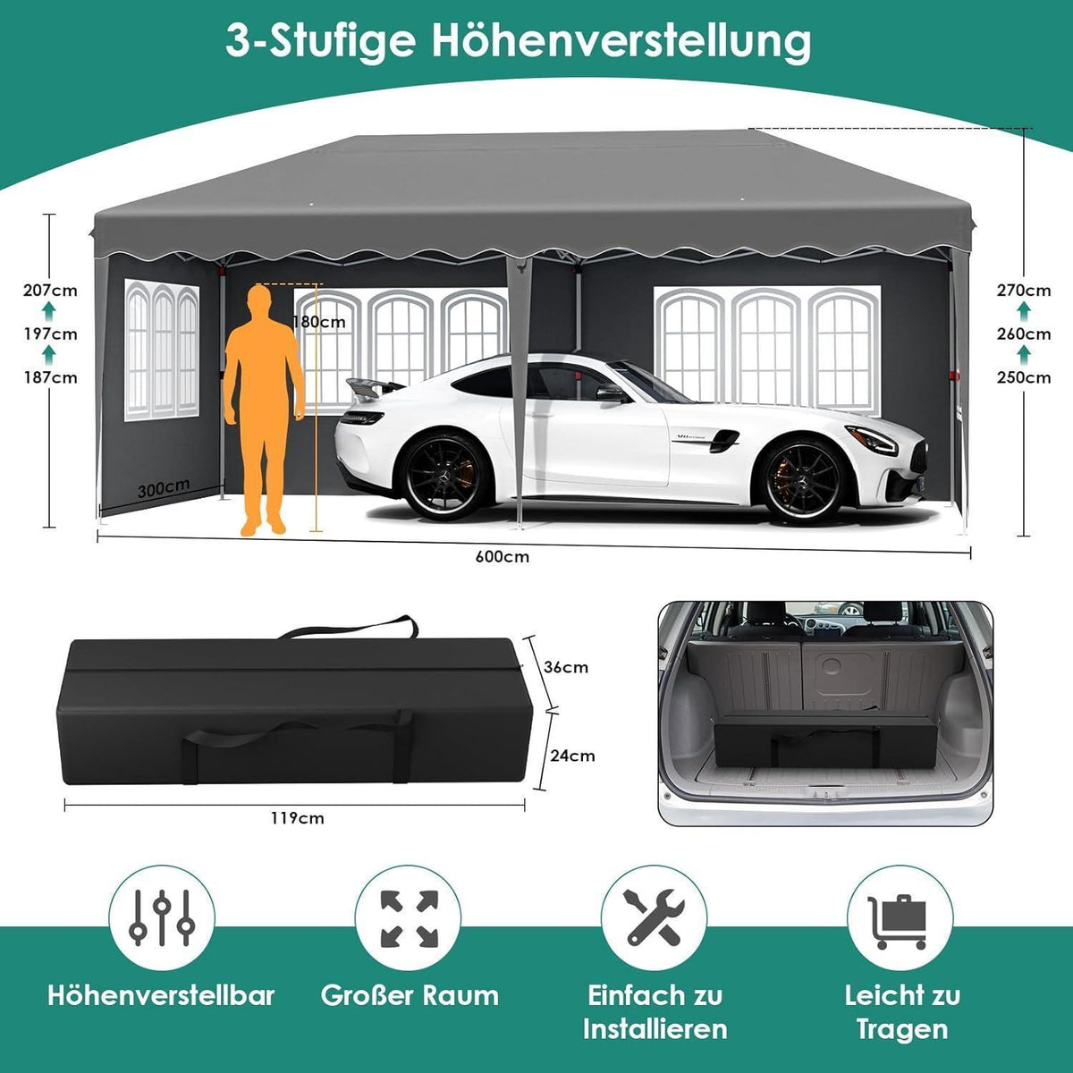 3x6 Faltpavillon wasserdicht mit Seitenteilen & Sandsäcken