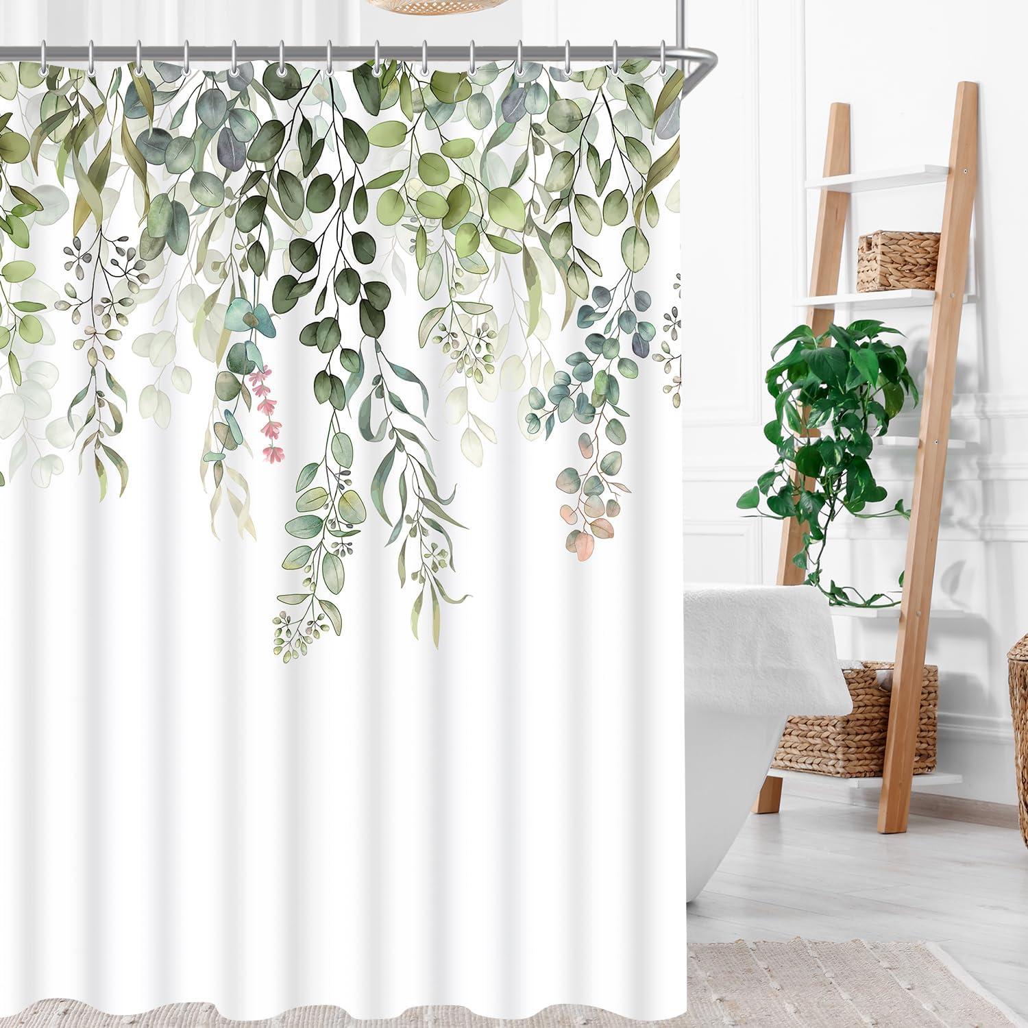 Duschvorhang Grün Blätter 180x160cm Textil Ösen Wasserabweisend 12 Ringe Badezimmer