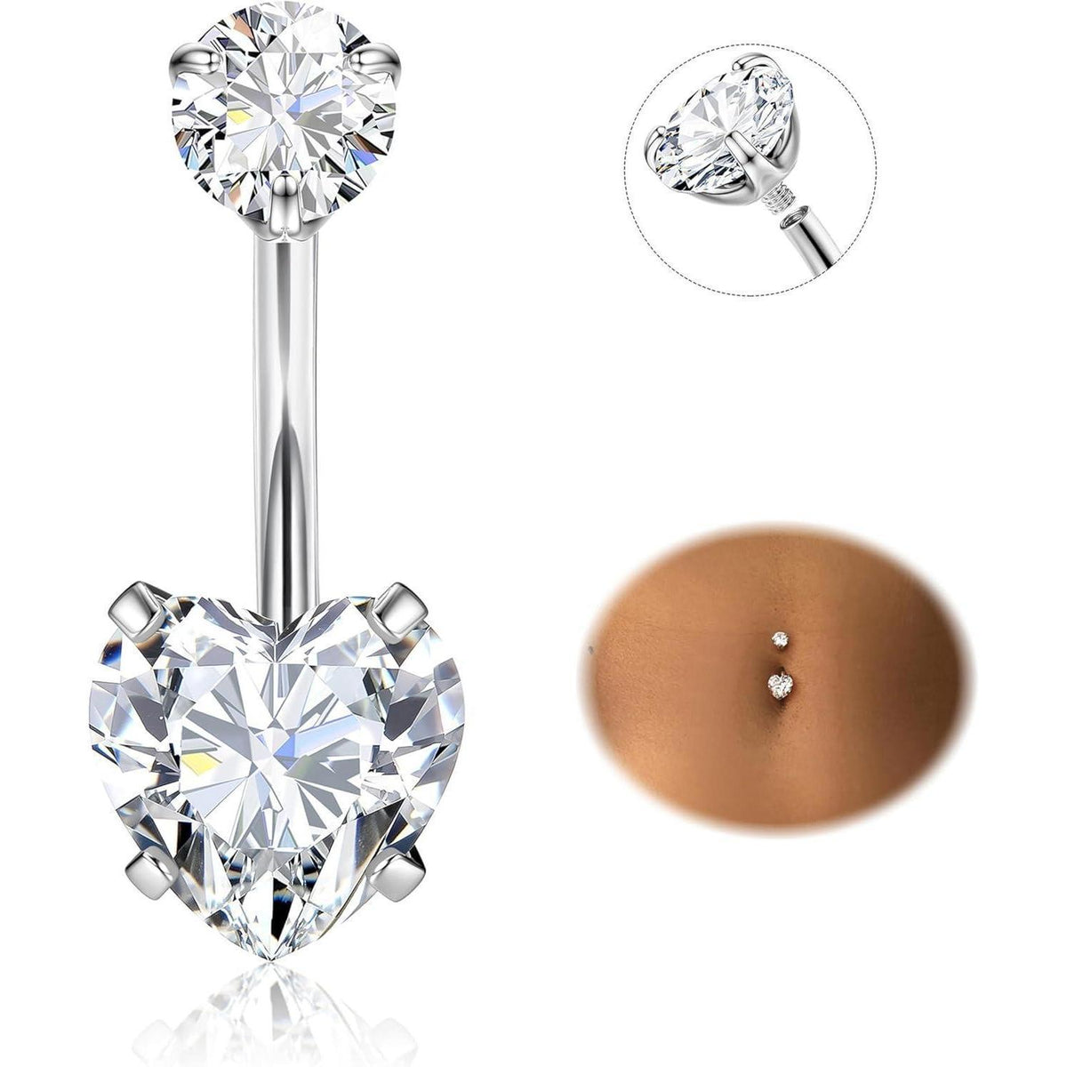 Bauchnabelpiercing G23 Titan Herz CZ Silber 14G 8-16mm