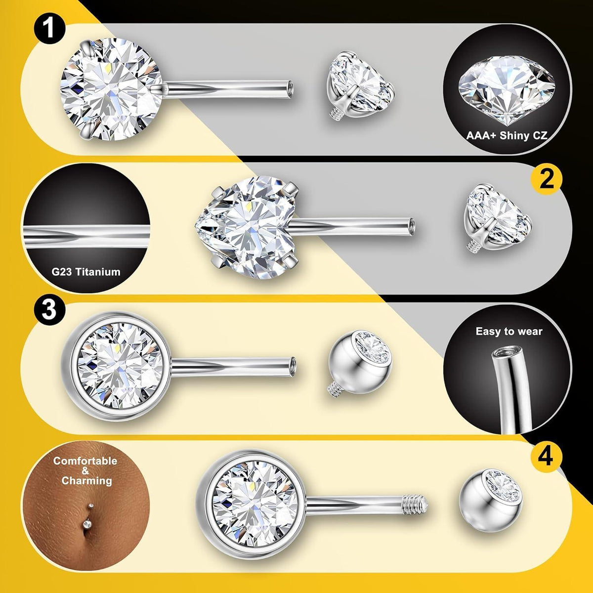Bauchnabelpiercing G23 Titan Herz CZ Silber 14G 8-16mm