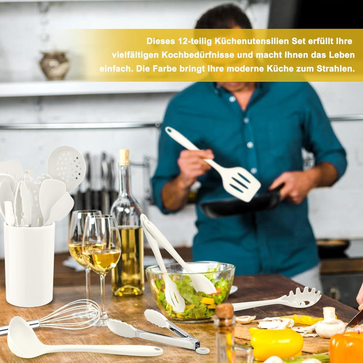Silikon Küchenhelfer Set 12-teilig mit Halter – Weiß