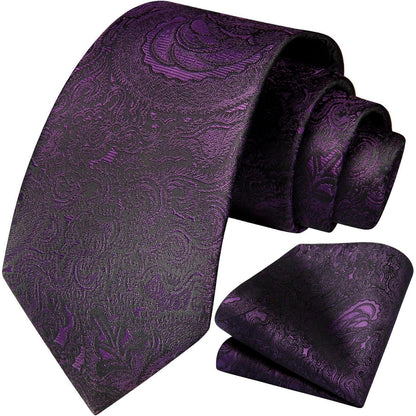 Paisley Krawatte & Einstecktuch Set Dunkellila für Herren