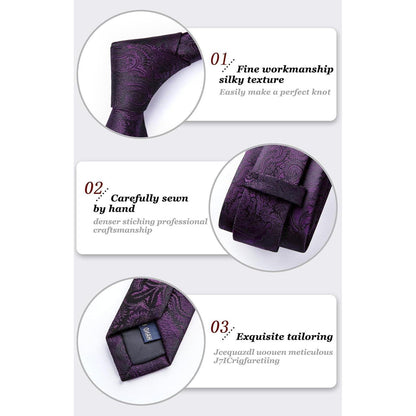 Paisley Krawatte & Einstecktuch Set Dunkellila für Herren