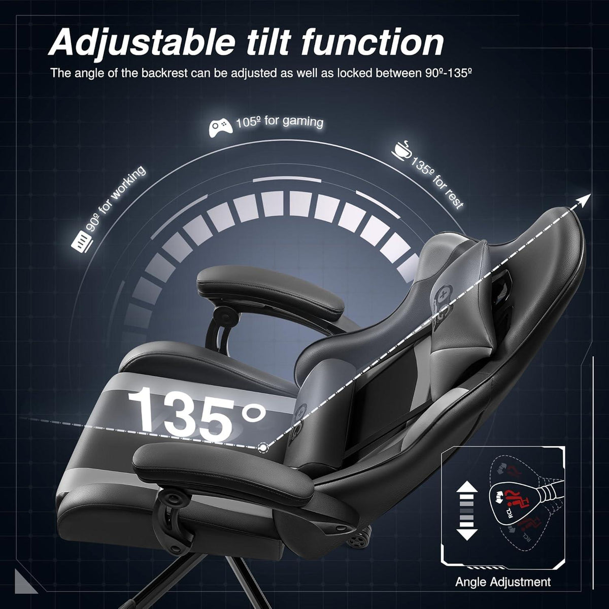 Ergonomischer Gaming Stuhl mit hoher Rückenlehne und verstellbarer Neigung - Schwarzgrau