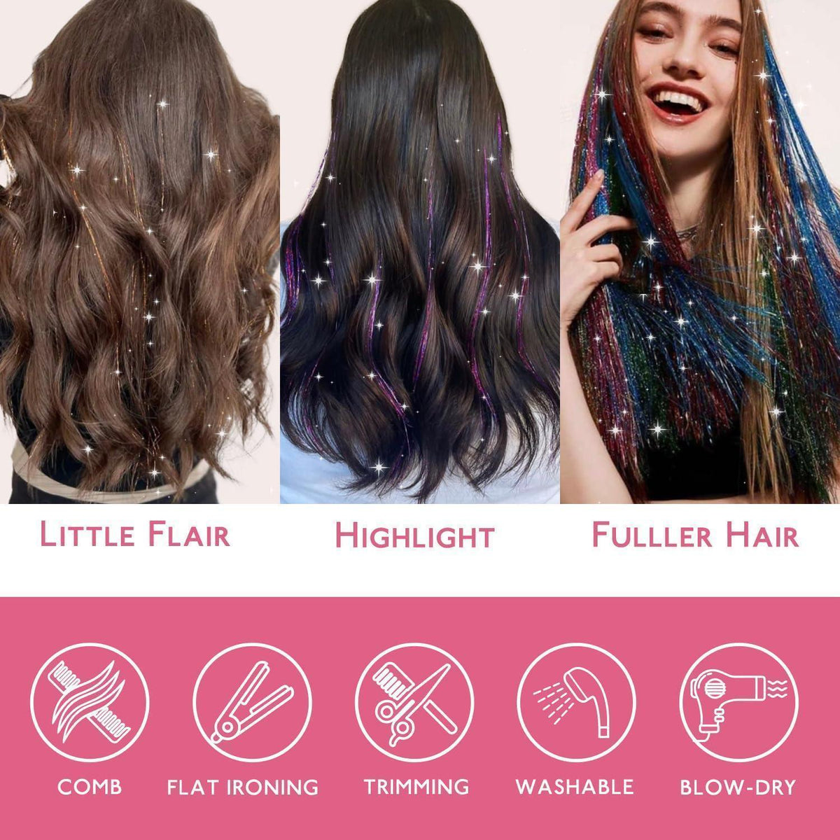 Haar Glitzersträhnen Lila 120cm 1200 Stück für Festivals & Partys
