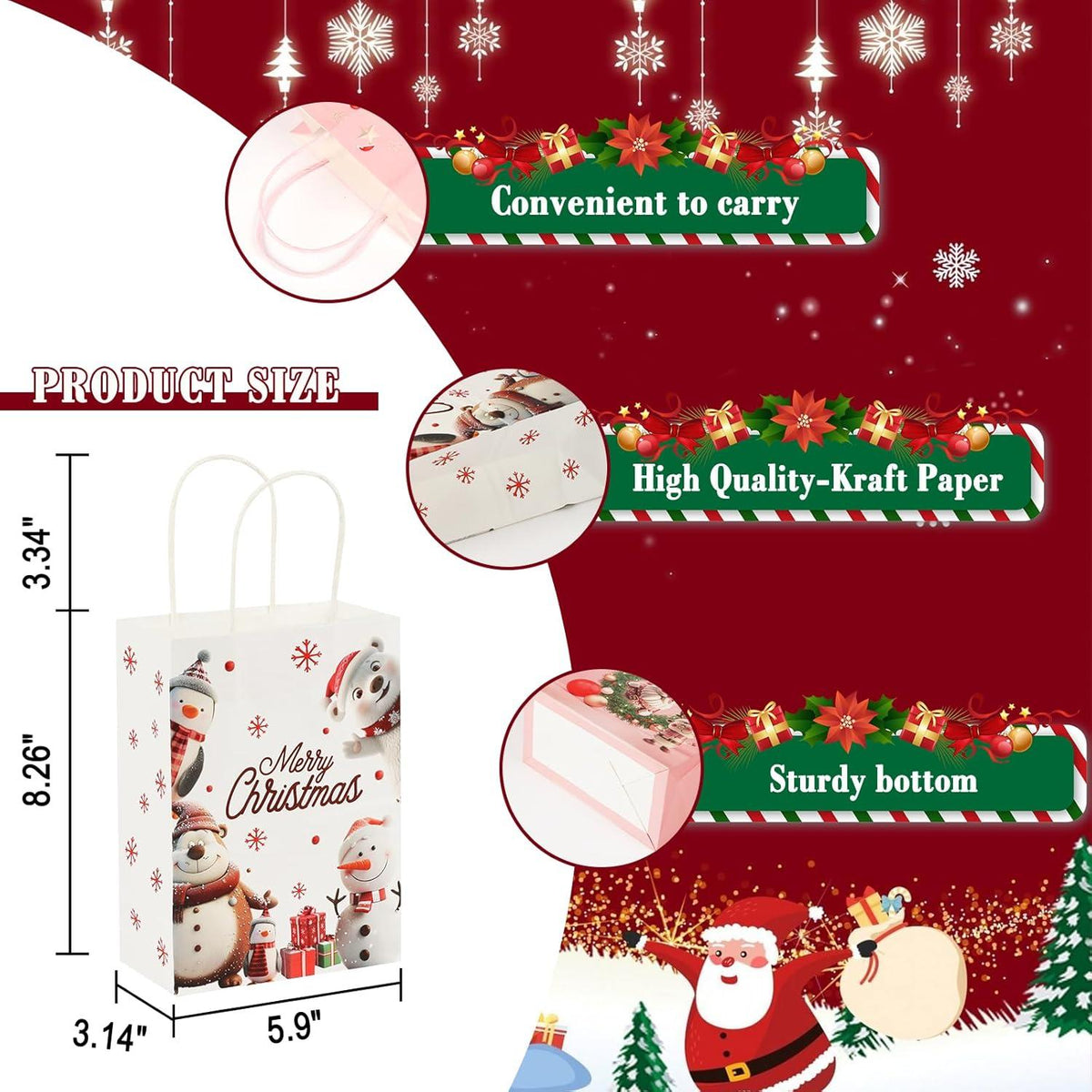 24 Weihnachts-Kraft-Geschenktüten mit Griffen, 3D Designs