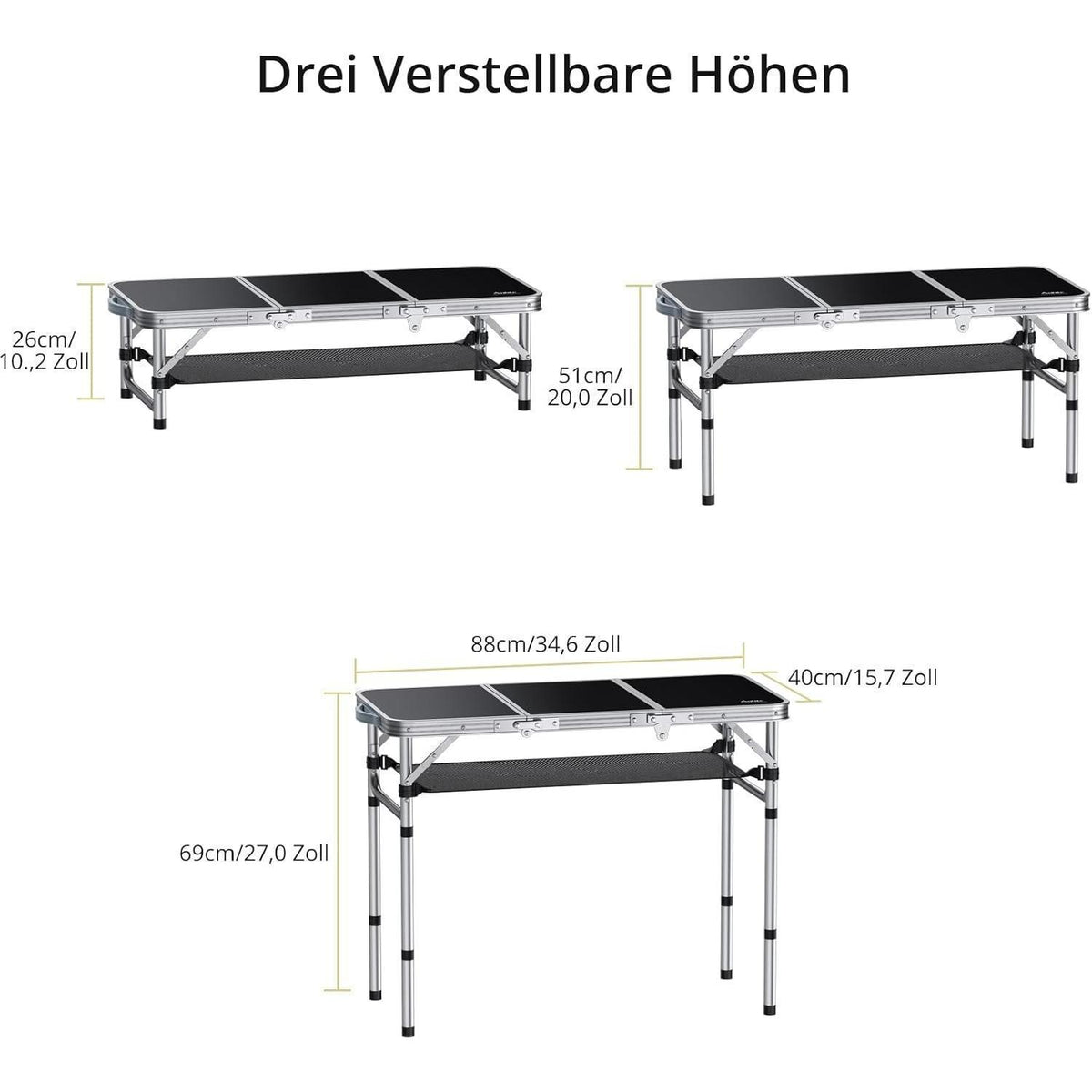 Aluminium Campingtisch klappbar 88x40cm mit 3 Höhen & Netz
