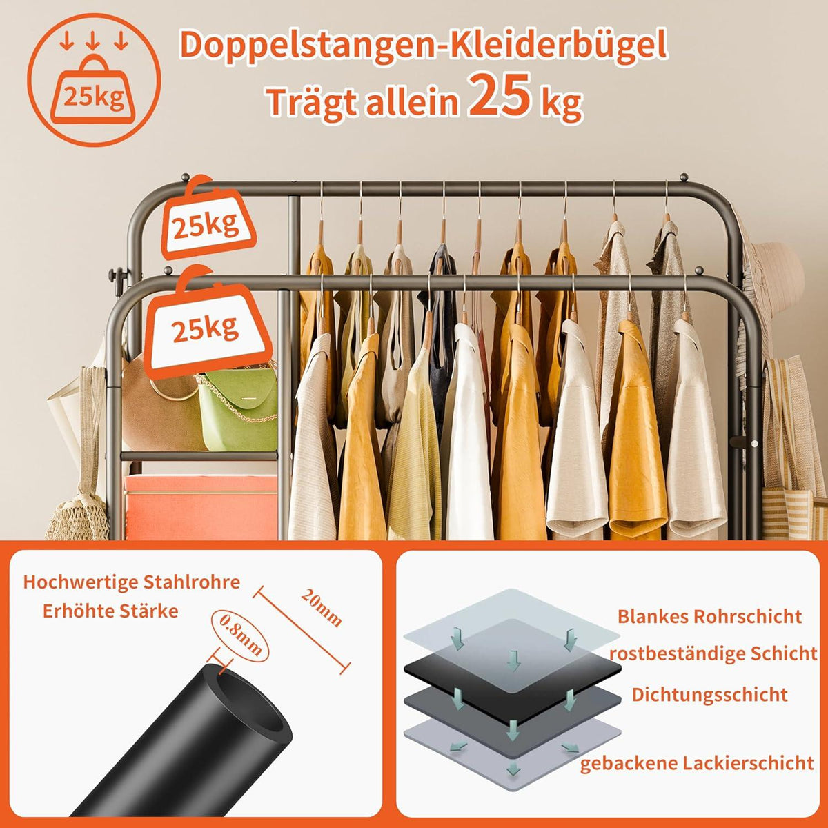 Kleiderständer Metall Schwarz 165x120cm 2 Kleiderstange 4 Haken 3