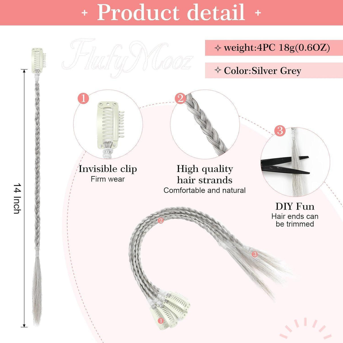 4 Zopf Haarverlängerung 35cm Silbergrau – Clip-In Zöpfe