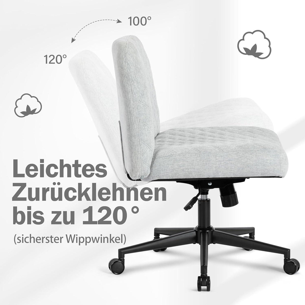 Bürostuhl ohne Armlehnen mit Rädern und breitem ergonomischem Sitz