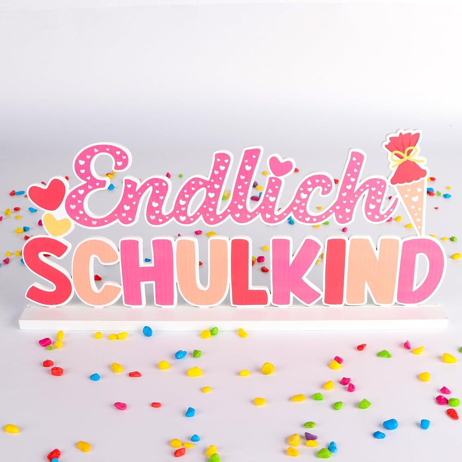 BETESSIN Tischdeko Einschulung Mädchen Rosa Holzschriftzug BasisCHOOL_CMPGN Schl 100017sty/Tischdekoration Mädchen Jungen
