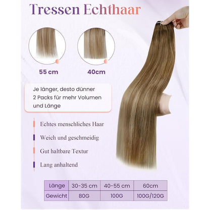 Echthaar Tressen zum Einnähen Balayage Braun Ombre Gold
