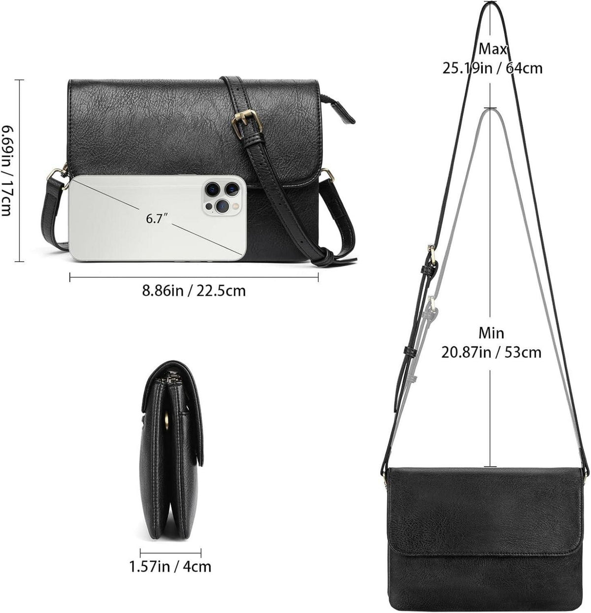 Damen Umhängetasche Schwarz Crossbody Schultertasche ranuras
