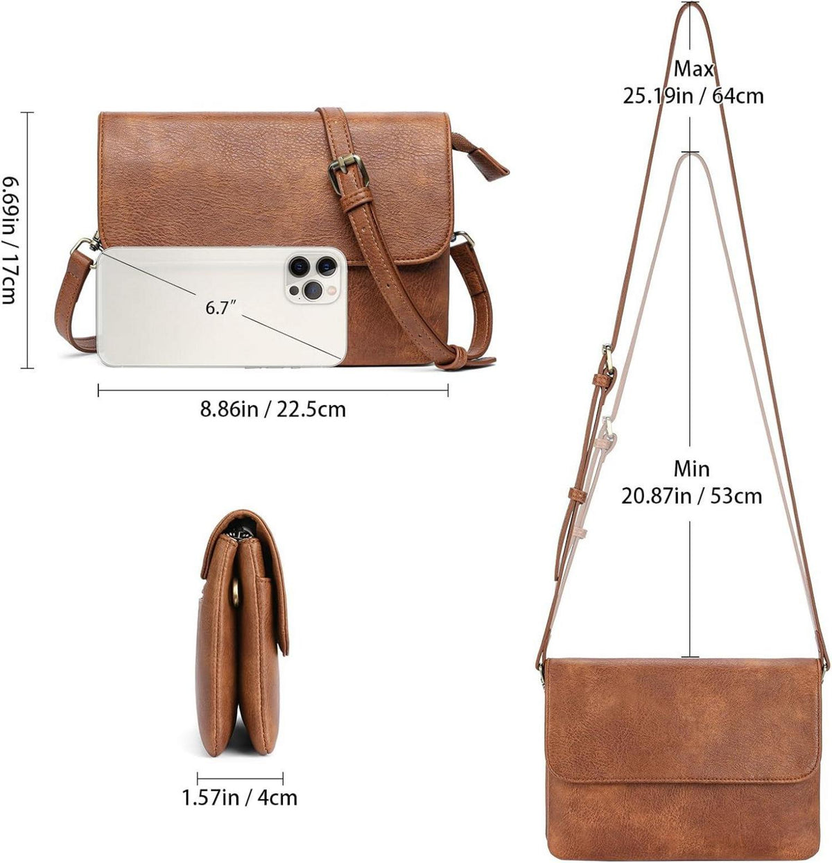 Braune Umhängetasche Damen Crossbody Retro mit Kartenfächern