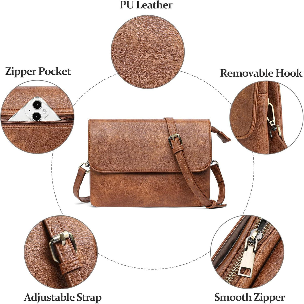 Braune Umhängetasche Damen Crossbody Retro mit Kartenfächern