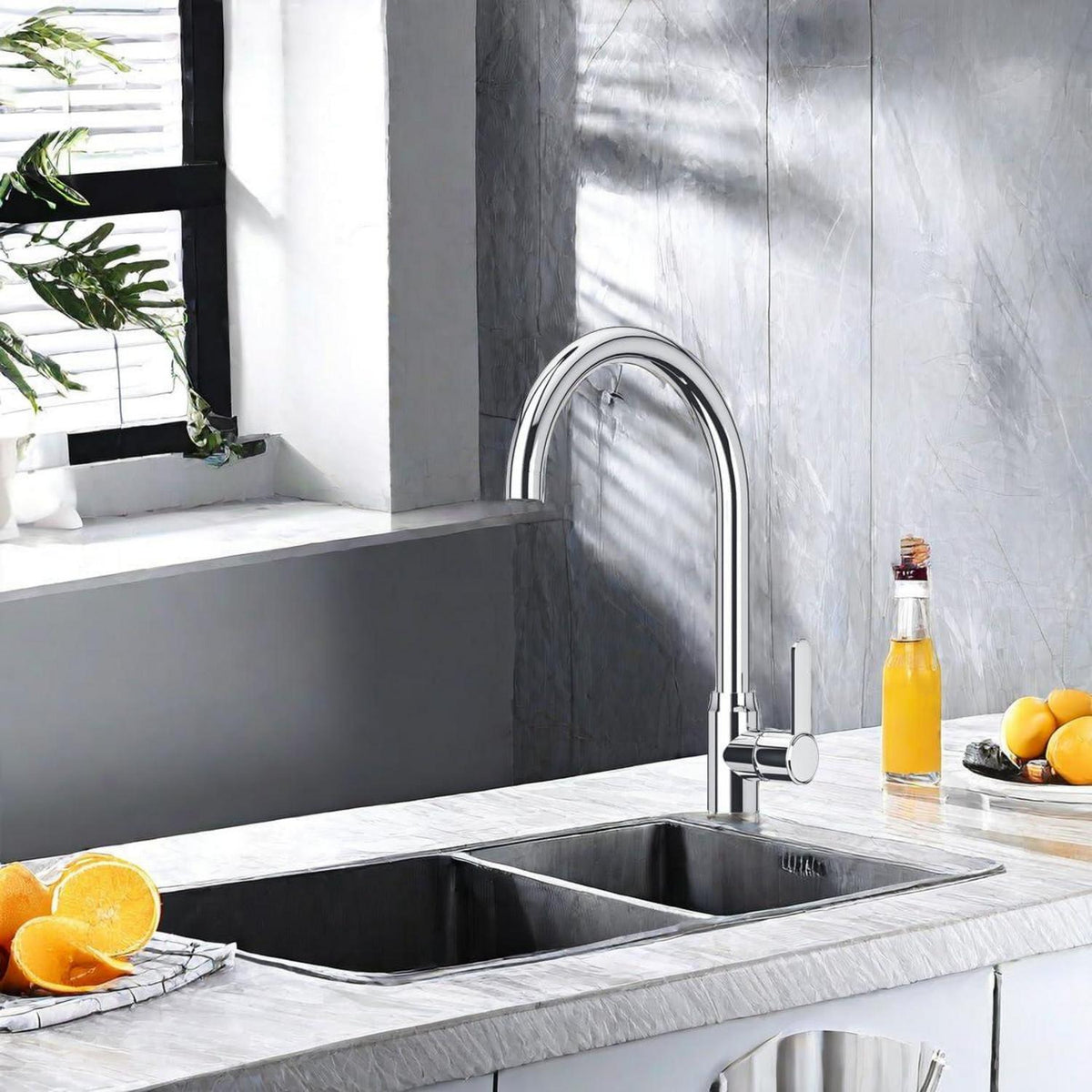 Küchenarmatur Edelstahl Doppelrohr 360° Einhand Wasserhahn Küche G3/8