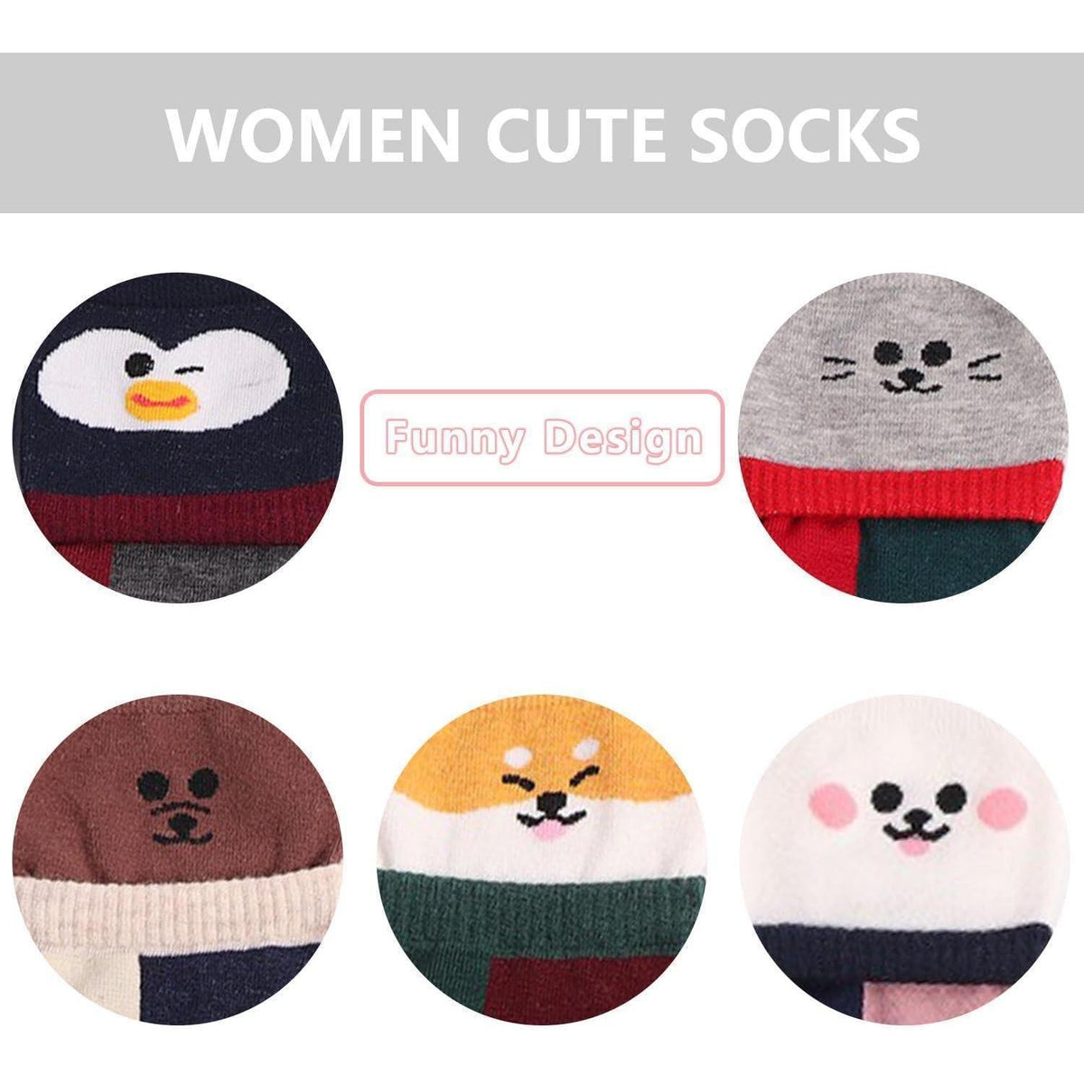 Damen Zehensocken Baumwolle Tier-Obst Muster 5er-Set Größe 35-40