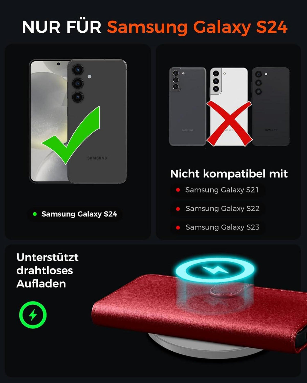 Samsung Galaxy S24 Handyhülle Leder Wallet Flip Case Rot