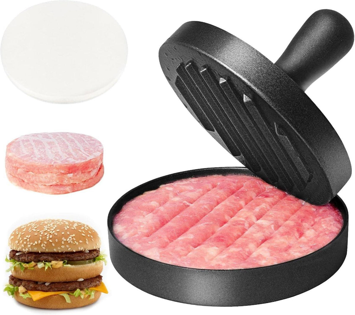 Burgerpresse aus Edelstahl mit ABS-Griff und Antihaftbeschichtung