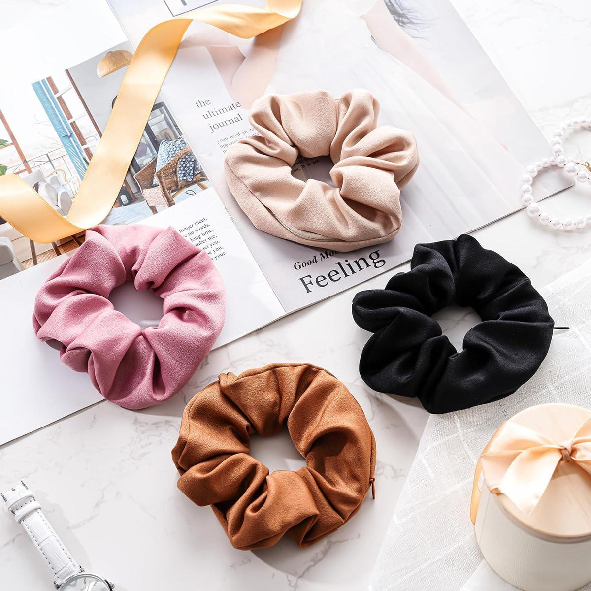 4er-Pack Haargummis Scrunchies mit versteckter Tasche für Damen