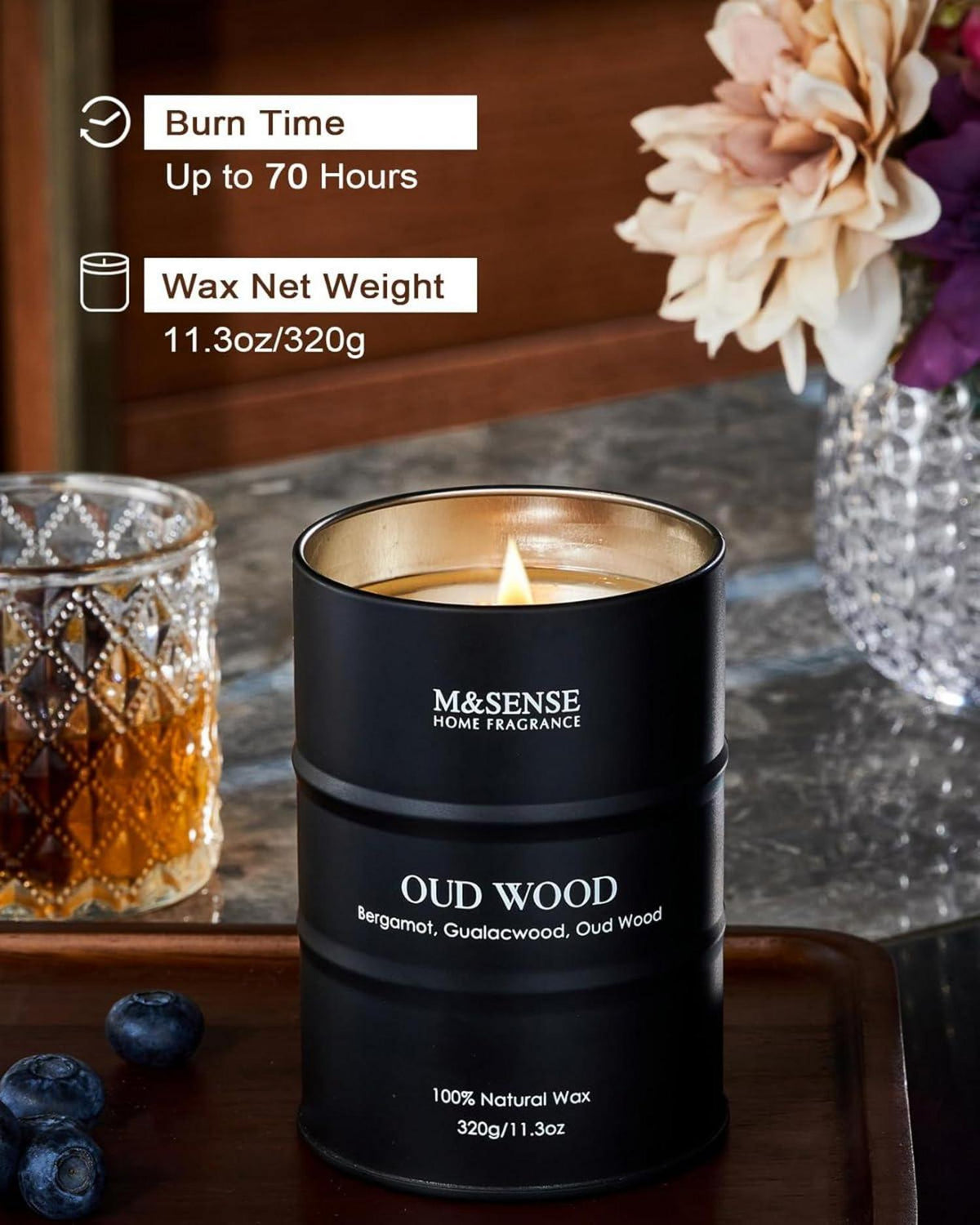 Natürliche Oud Holz Duftkerze 320g - Langanhaltend - Sojawachs - Geschenk für Männer Frauen
