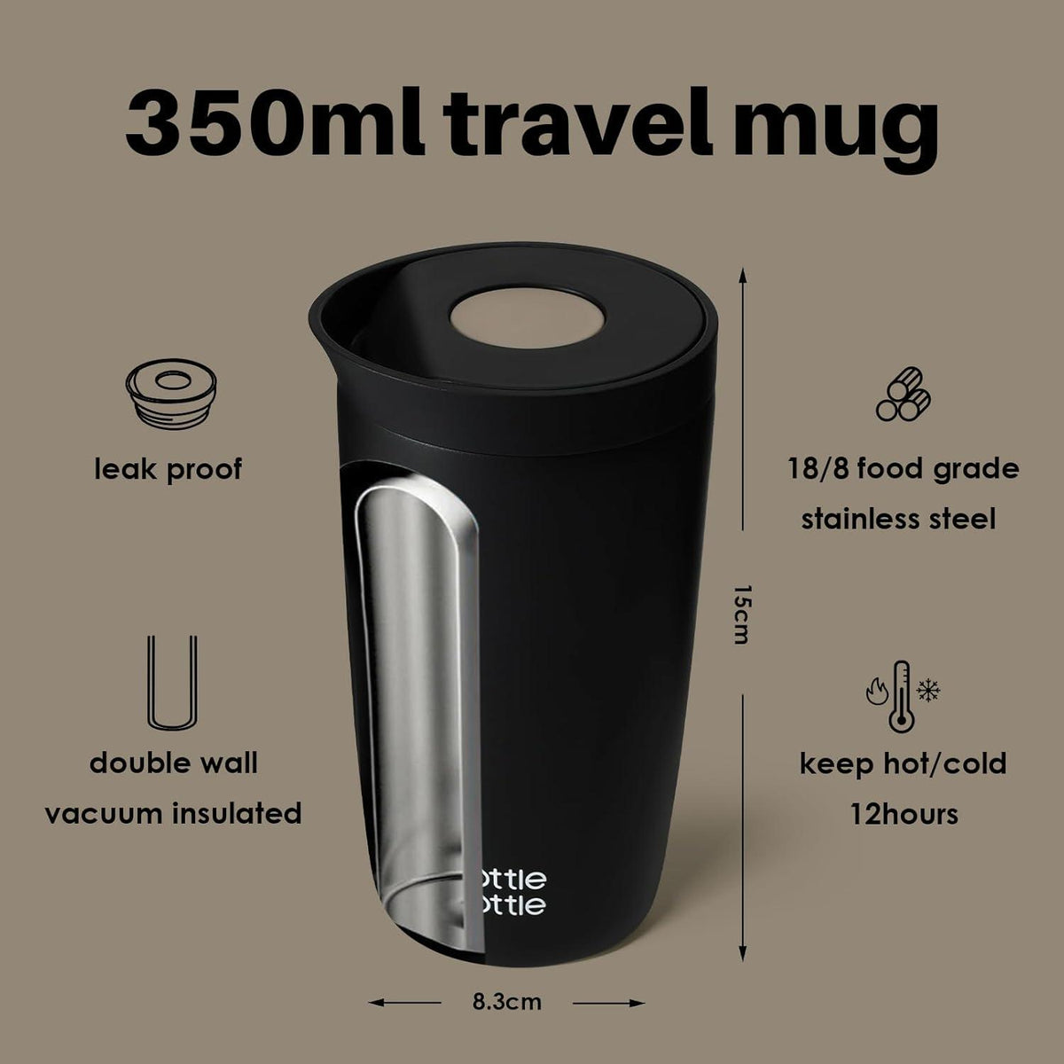 Thermobecher 350ml Isolierbecher Travel Mug Schwarz