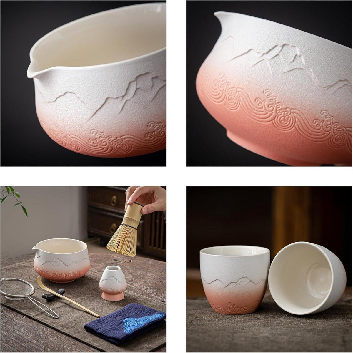 TEANAGOO Matcha Set: Schneebesen, Schale, Schaufel, Halter, Zubereitung, Teeset + 2 Tassen - Farbverlauf Rosa Weiß - 9