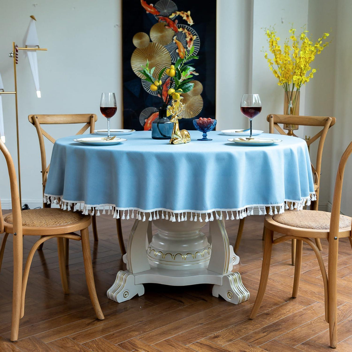 Runde Baumwoll-Leinen Tischdecke mit Fransen, Himmelblau 220 cm