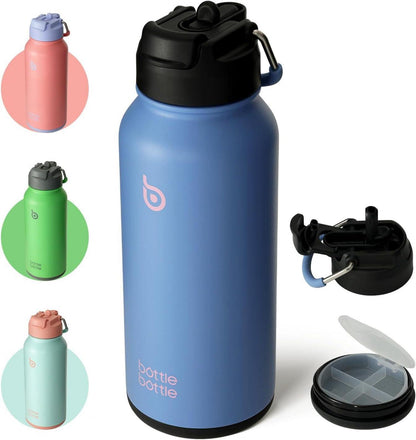 Edelstahl Trinkflasche 1L Strohhalm Thermoskanne Sport Isolierflasche