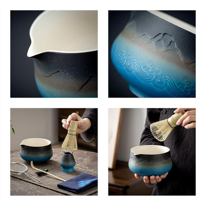 Matcha Tee Set 7-teilig mit Schale und Besen, Farbverlauf Marineblau