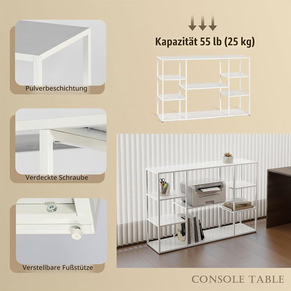 120cm Langer Konsolentisch mit Regalen – Weiß, Modern & Vielseitig