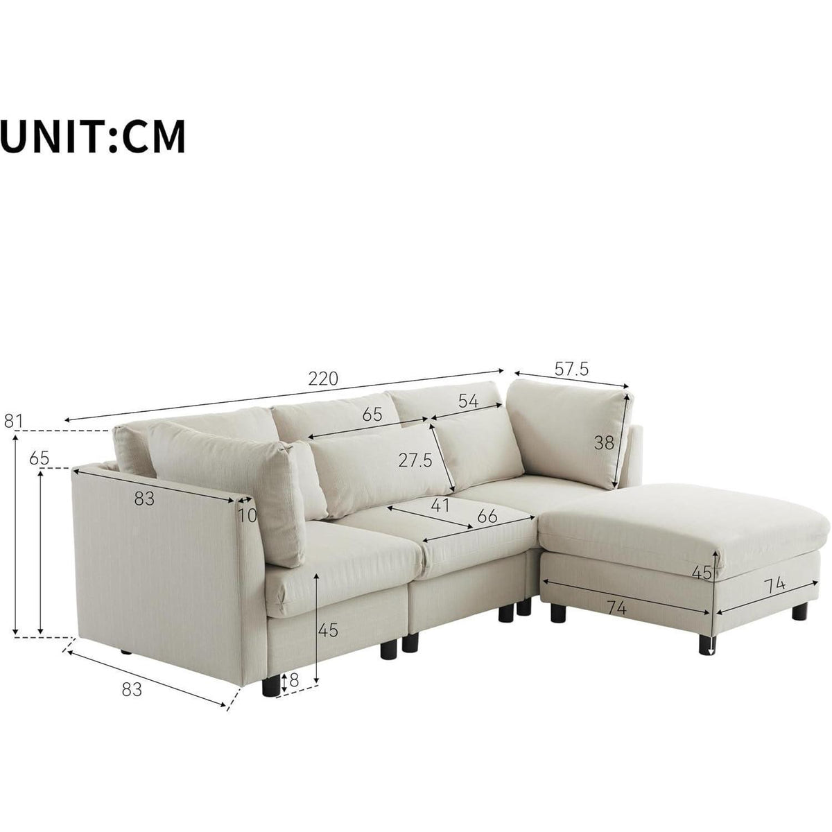 Modernes Dreisitzer-Sofa mit Fußhocker – Beige