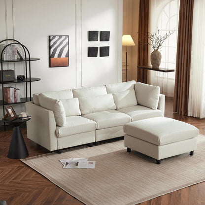 Modernes Dreisitzer-Sofa mit Fußhocker – Beige