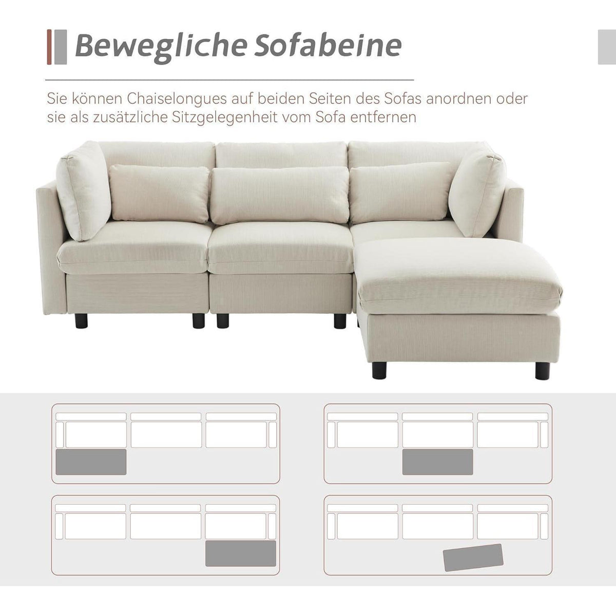 Modernes Dreisitzer-Sofa mit Fußhocker – Beige