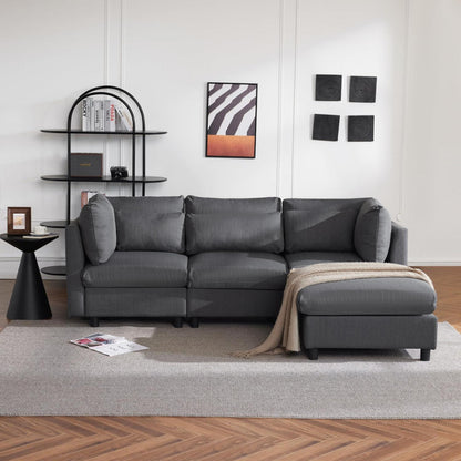 Modernes Dreisitzer-Sofa mit Fußhocker & Lendenkissen (Grau)