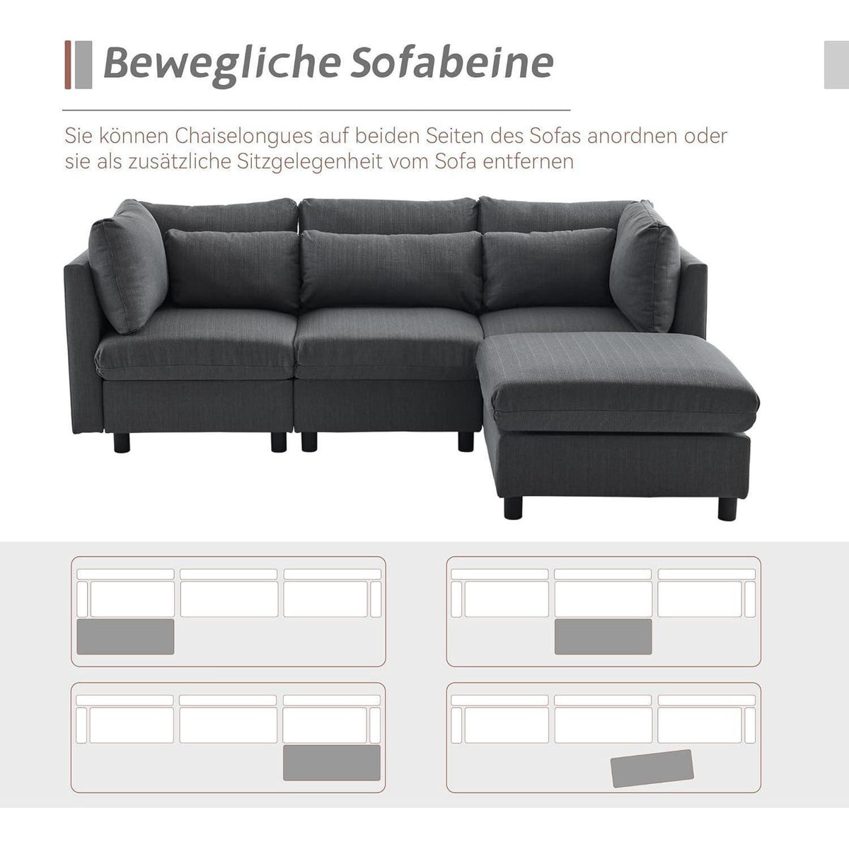 Modernes Dreisitzer-Sofa mit Fußhocker & Lendenkissen (Grau)