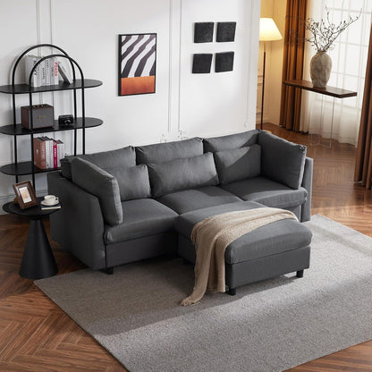 Modernes Dreisitzer-Sofa mit Fußhocker & Lendenkissen (Grau)