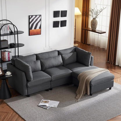 Modernes Dreisitzer-Sofa mit Fußhocker & Lendenkissen (Grau)