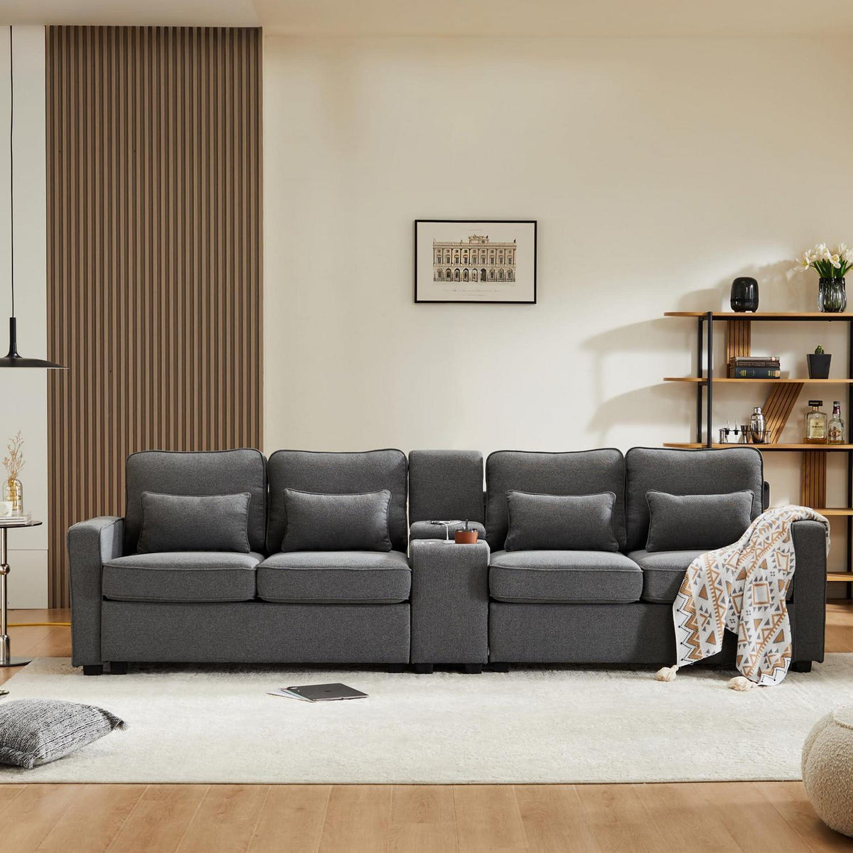 Modernes 4-Sitzer Sofa aus Leinenstoff mit Stauraum & Kissen