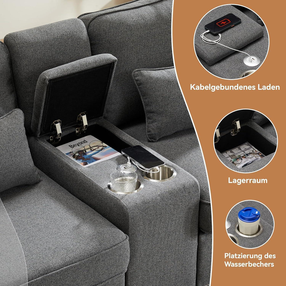 Modernes 4-Sitzer Sofa aus Leinenstoff mit Stauraum & Kissen