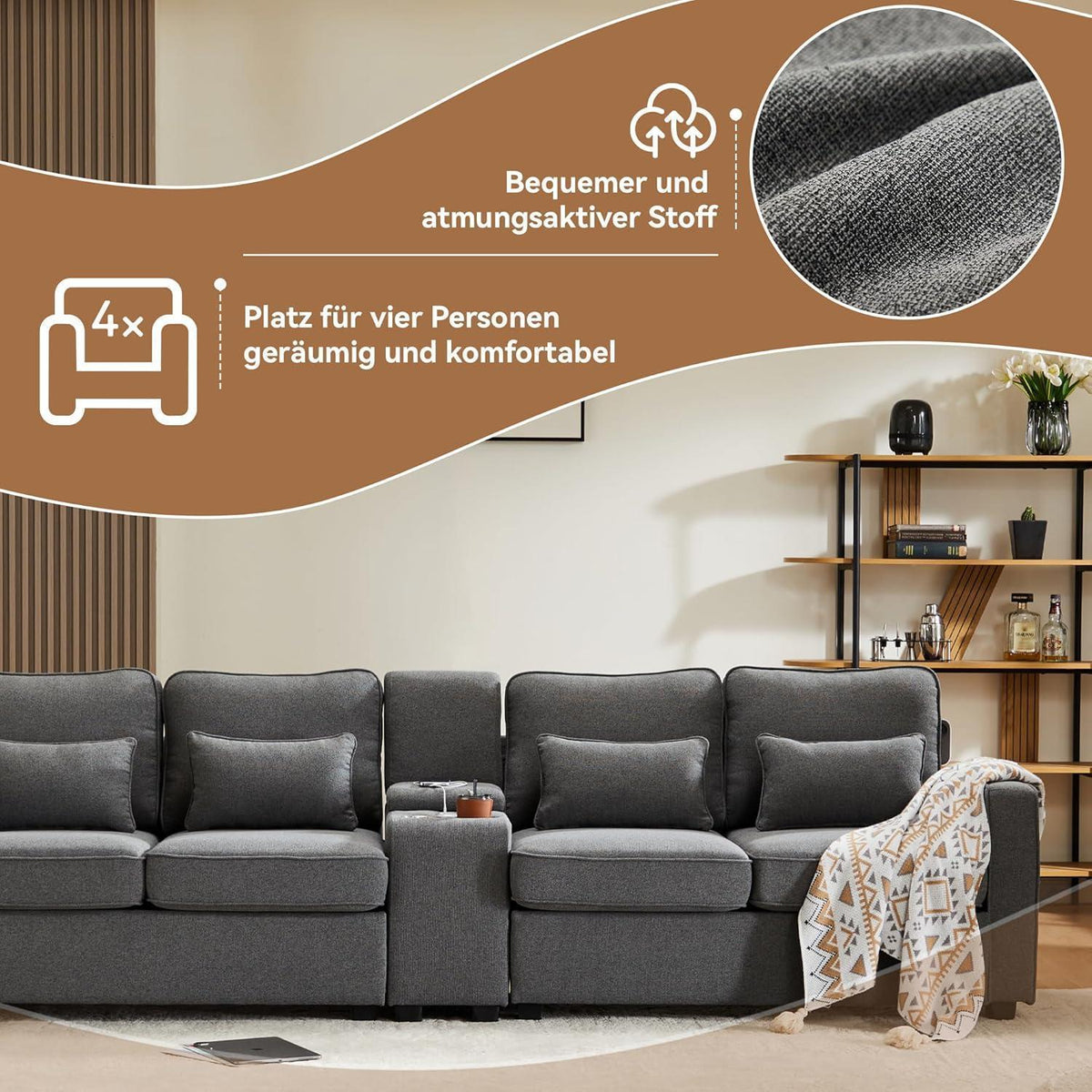 Modernes 4-Sitzer Sofa aus Leinenstoff mit Stauraum & Kissen