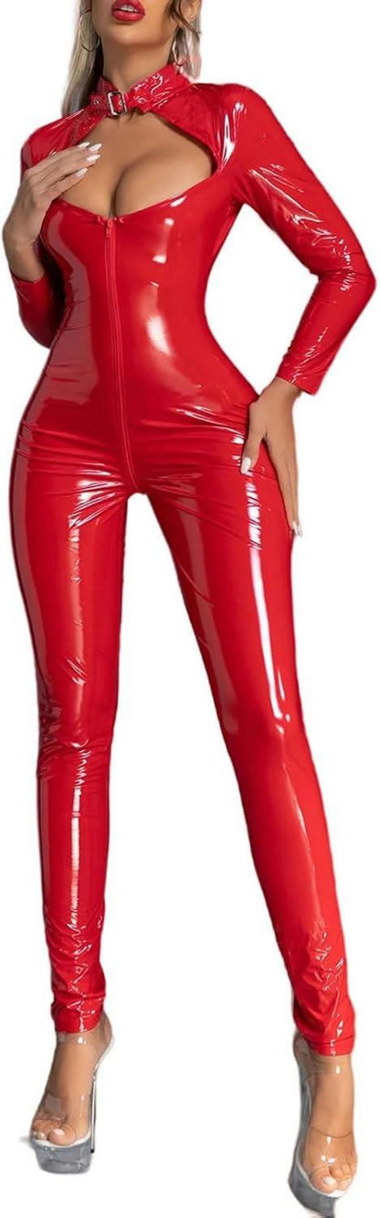 Sexy Wetlook Catsuit Damen Reißverschluss Lackleder Katzenkostüm Rot