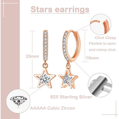 Hängende Creolen Silber 925 mit Zirkonia Stern Anhänger Rosegold