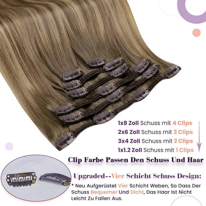Echthaar Clip-in Extensions Balayage Hellbraun Ombre