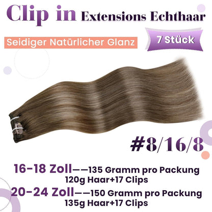 Clip-in Echthaar Extensions Braun Ombre Gold 60cm