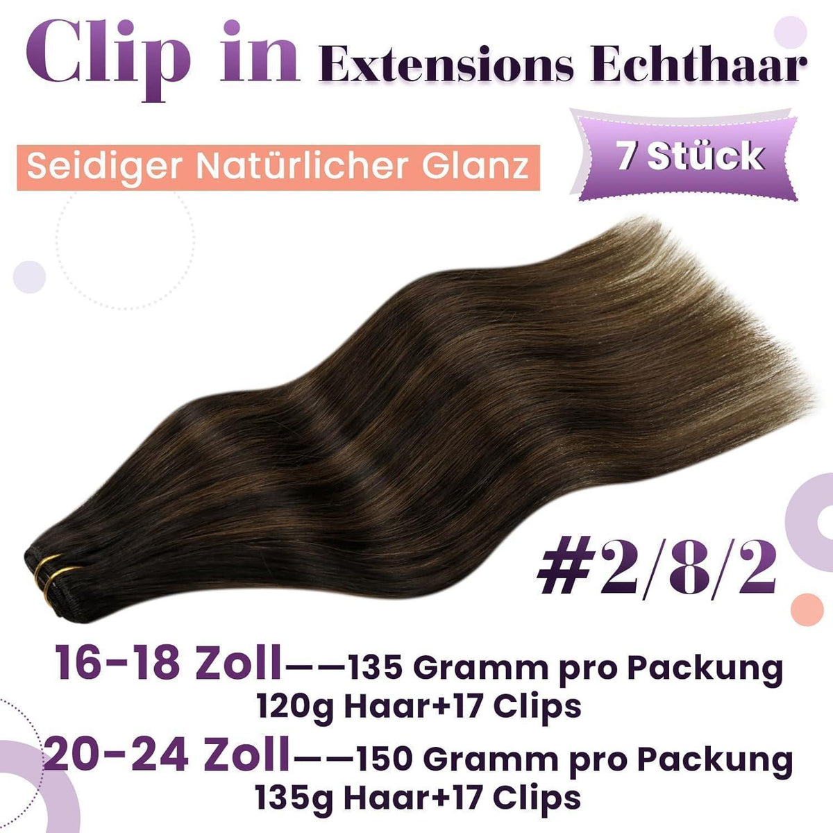 Clip-in Echthaar Extensions Braun Ombre 50cm